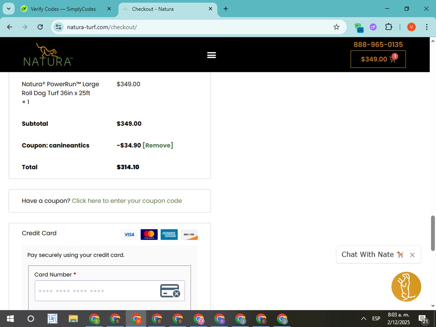 Natura-turf promo code screenshot showing code CanineAntics applied at Natura-turf checkout page. Uploaded by SimplyCodes community member CodeMonarch8148 on Dec 2, 2025