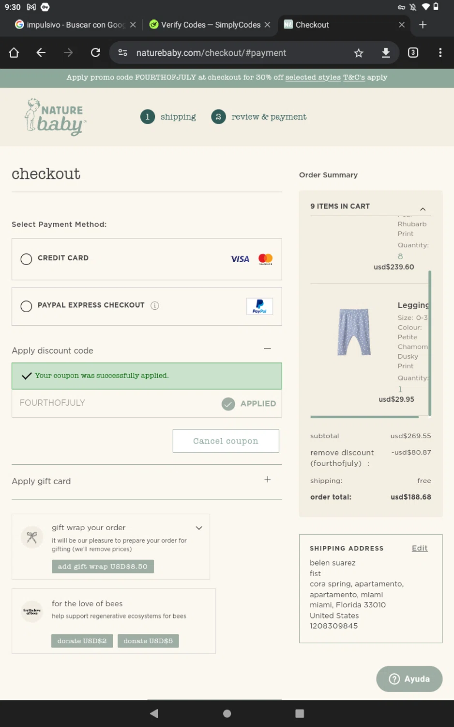 Nature Baby checkout page showing Nature Baby promo code box | Screenshot taken by SimplyCodes community member on Jul 3, 2024