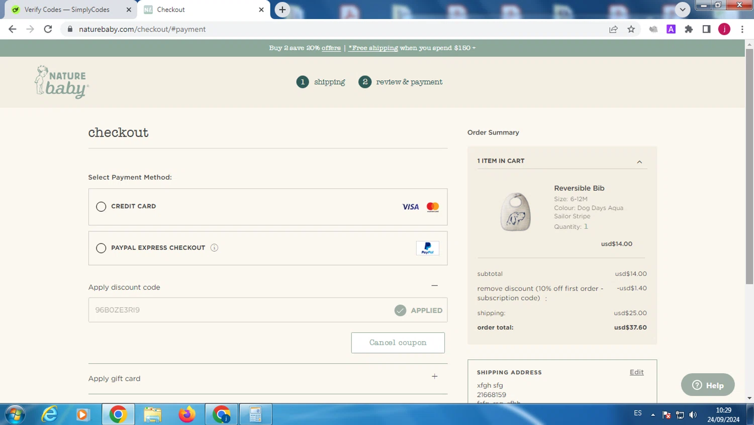 Nature Baby checkout page showing Nature Baby promo code box | Screenshot taken by SimplyCodes community member on Sep 24, 2024