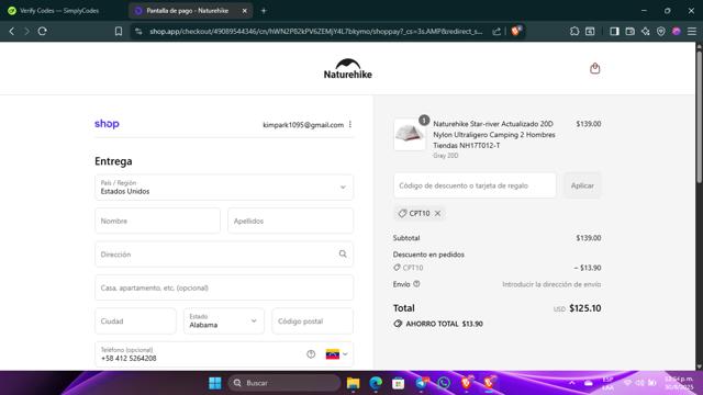 Naturehike checkout page showing Naturehike discount code box | Screenshot taken by SimplyCodes community member on Aug 30, 2025