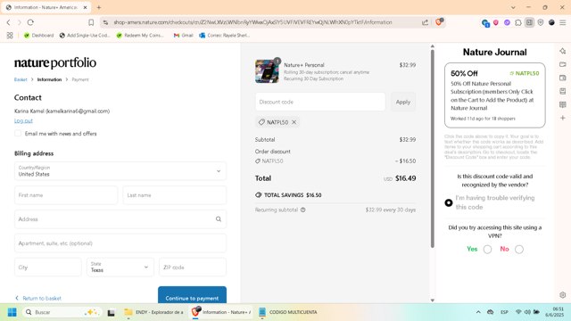 Nature Journal checkout page showing Nature Journal promo code box | Screenshot taken by SimplyCodes community member on Jun 6, 2025