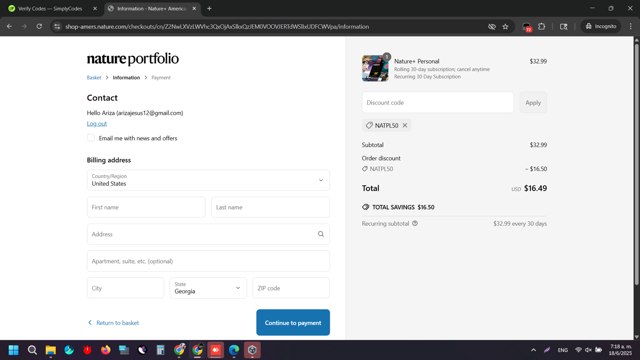 Nature Journal checkout page showing Nature Journal promo code box | Screenshot taken by SimplyCodes community member on Jun 18, 2025