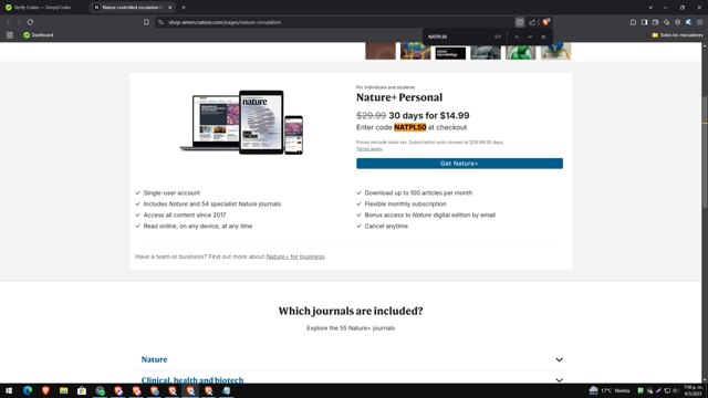 Nature Journal checkout page showing Nature Journal promo code box | Screenshot taken by SimplyCodes community member on Mar 9, 2025