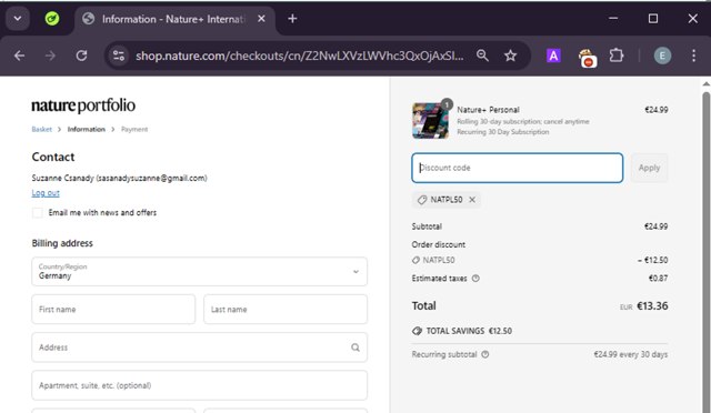 Nature Journal checkout page showing Nature Journal promo code box | Screenshot taken by SimplyCodes community member on Mar 21, 2025