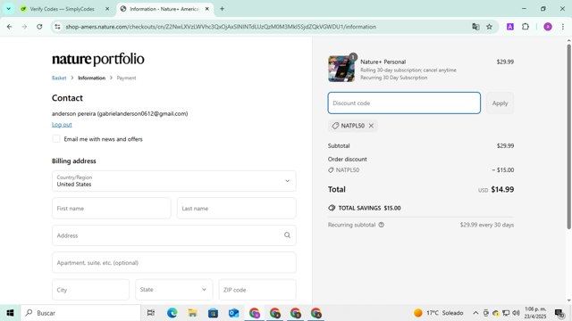 Nature Journal checkout page showing Nature Journal promo code box | Screenshot taken by SimplyCodes community member on Apr 23, 2025