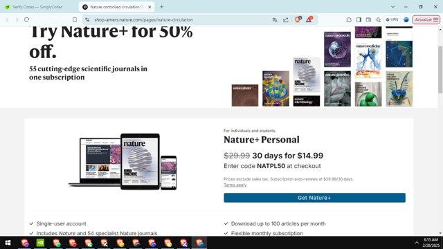 Nature Journal checkout page showing Nature Journal promo code box | Screenshot taken by SimplyCodes community member on Feb 28, 2025