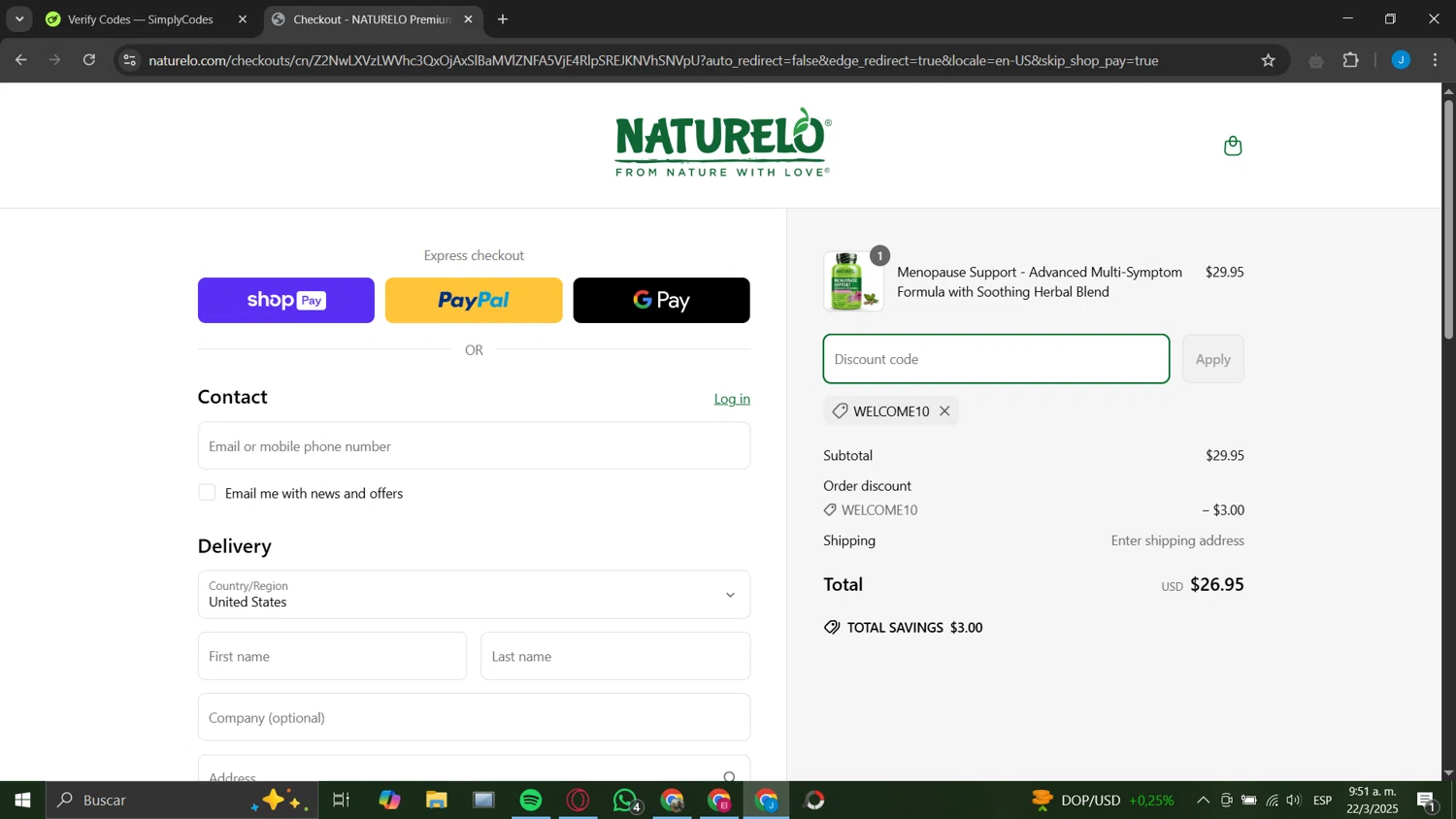 Naturelo discount code screenshot showing code WELCOME10 applied at Naturelo checkout page. Uploaded by SimplyCodes community member ValiantEagle7856 on Mar 22, 2025