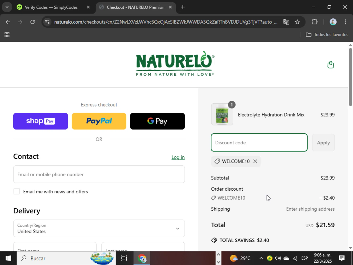 Naturelo discount code screenshot showing code WELCOME10 applied at Naturelo checkout page. Uploaded by SimplyCodes community member SmartWizard8062 on Mar 22, 2025
