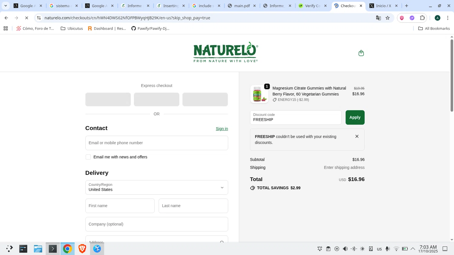 Naturelo discount code screenshot showing code FREESHIP applied at Naturelo checkout page. Uploaded by SimplyCodes community member admeneses on Oct 17, 2025