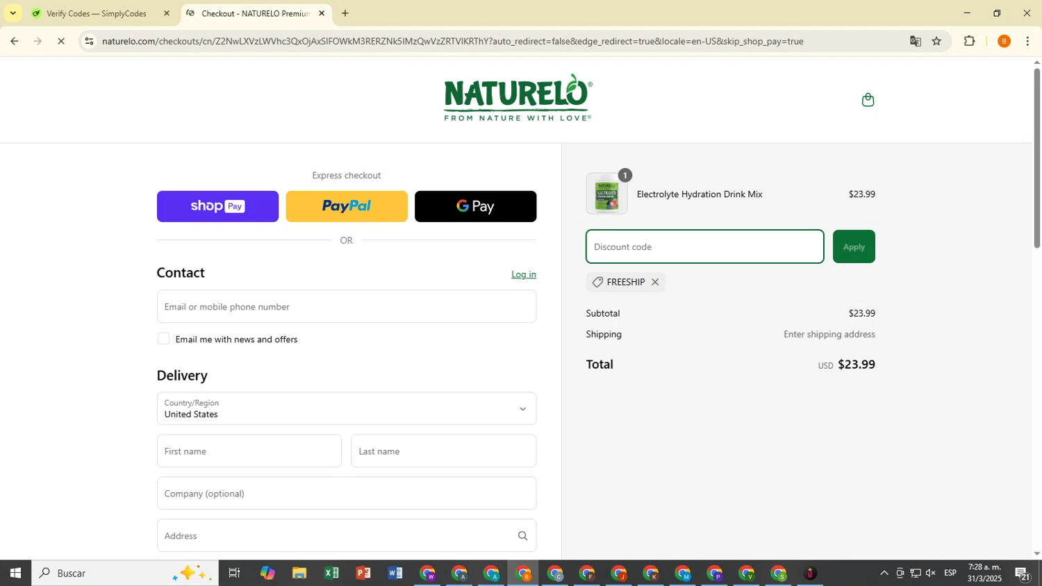 Naturelo discount code screenshot showing code FREESHIP applied at Naturelo checkout page. Uploaded by SimplyCodes community member TreasureWarden2401 on Mar 31, 2025