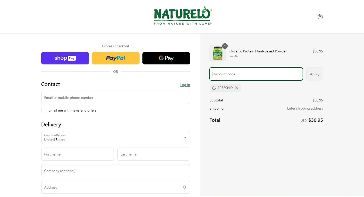 Naturelo discount code screenshot showing code FREESHIP applied at Naturelo checkout page. Uploaded by SimplyCodes community member PennyScholar167 on Mar 31, 2025