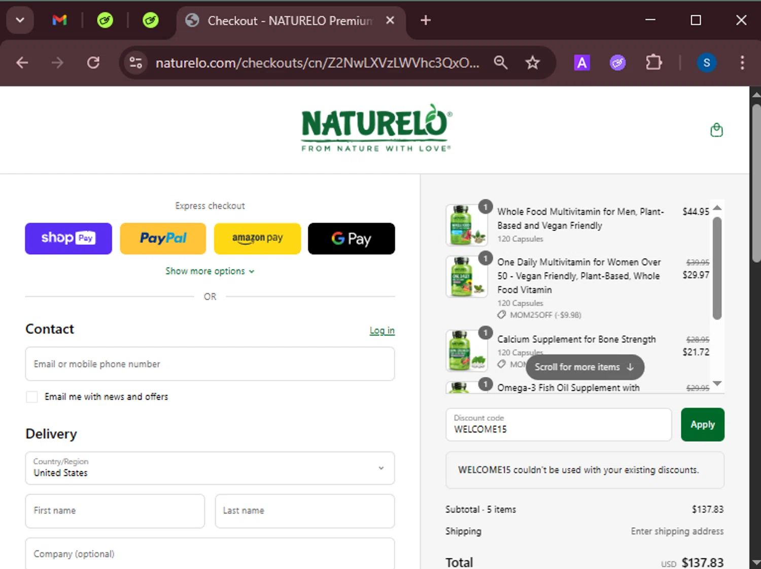 Naturelo discount code screenshot showing code WELCOME15 applied at Naturelo checkout page. Uploaded by SimplyCodes community member BrandoJose1 on May 1, 2025