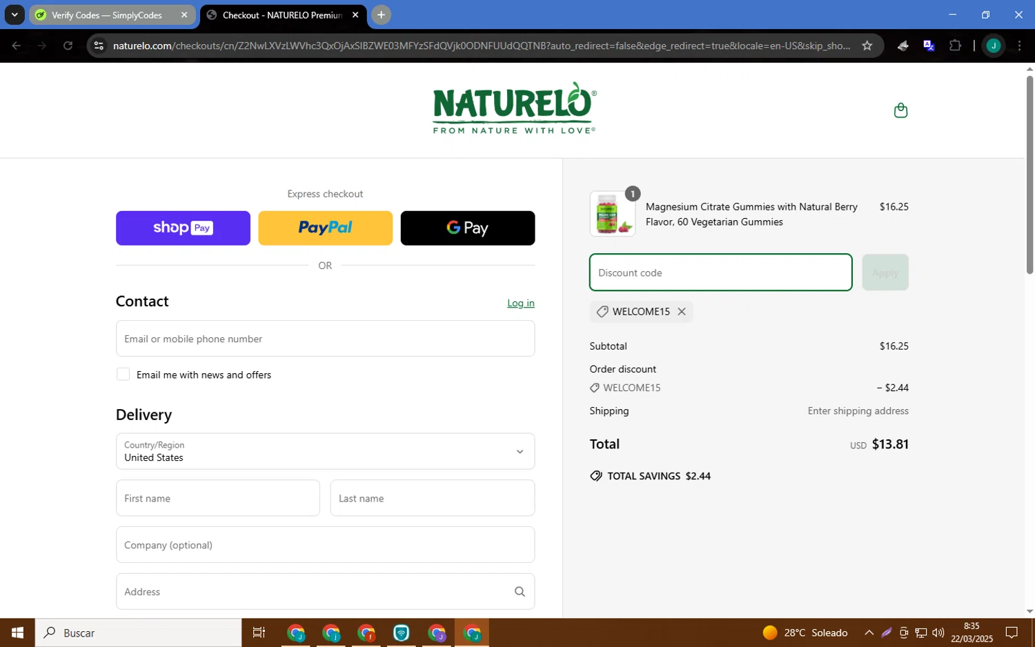 Naturelo discount code screenshot showing code WELCOME15 applied at Naturelo checkout page. Uploaded by SimplyCodes community member MagnificentCaptain7552 on Mar 22, 2025