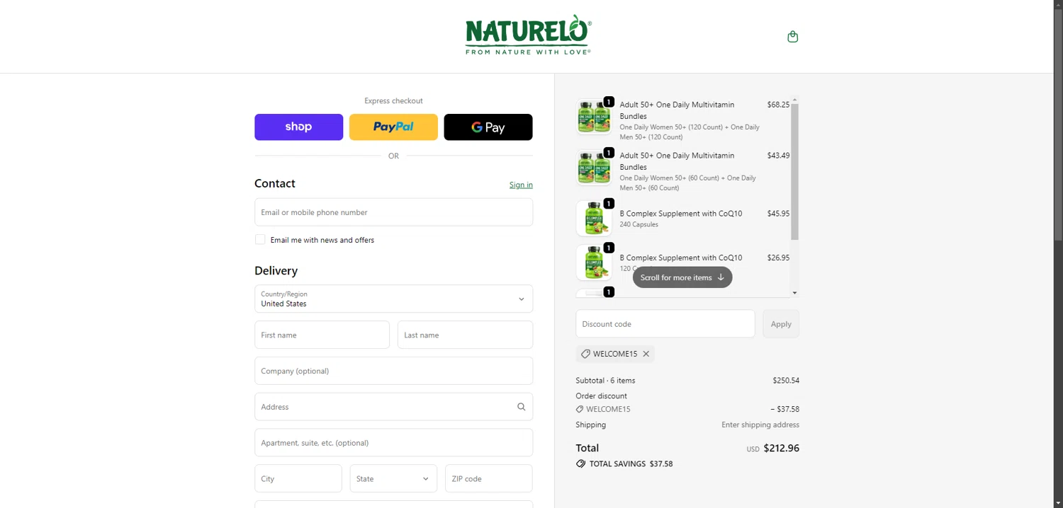Naturelo checkout page showing Naturelo discount code box | Screenshot taken by SimplyCodes community member on Feb 7, 2026