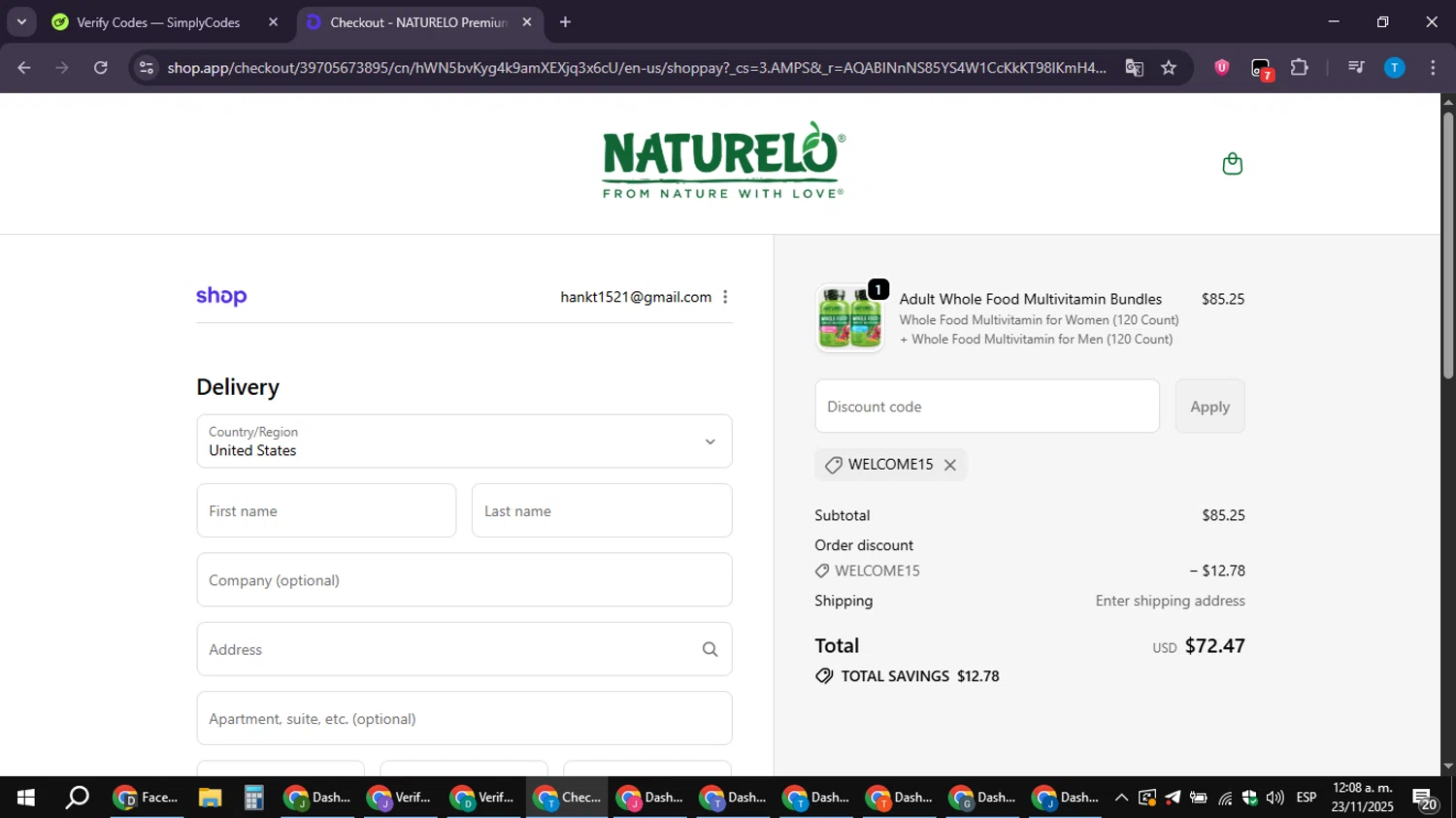 Naturelo discount code screenshot showing code WELCOME15 applied at Naturelo checkout page. Uploaded by SimplyCodes community member hankt1521 on Nov 23, 2025