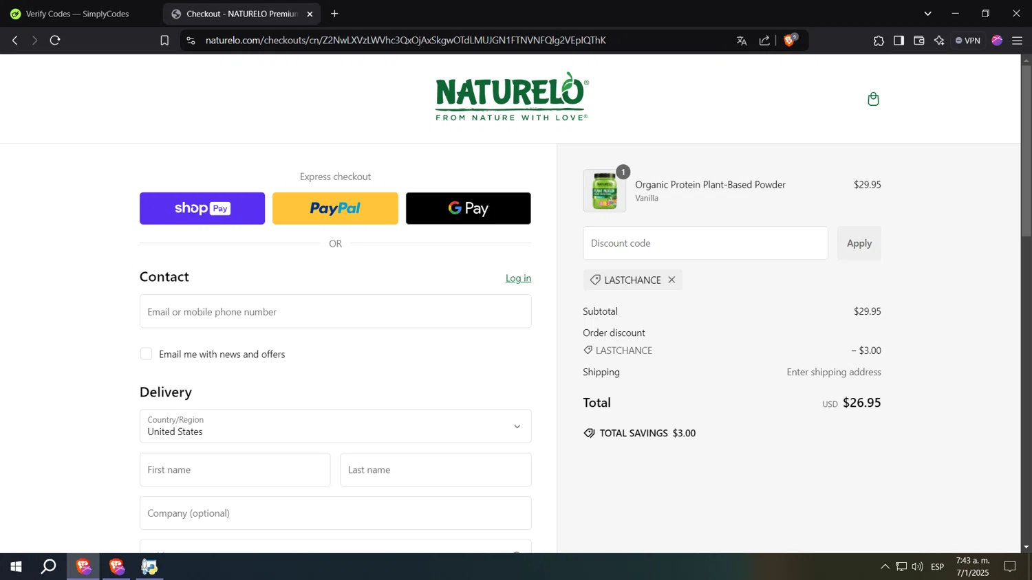 Naturelo discount code screenshot showing code LASTCHANCE applied at Naturelo checkout page. Uploaded by SimplyCodes community member kkkkkkkkkkkkkkkkkkkk on Jan 7, 2025