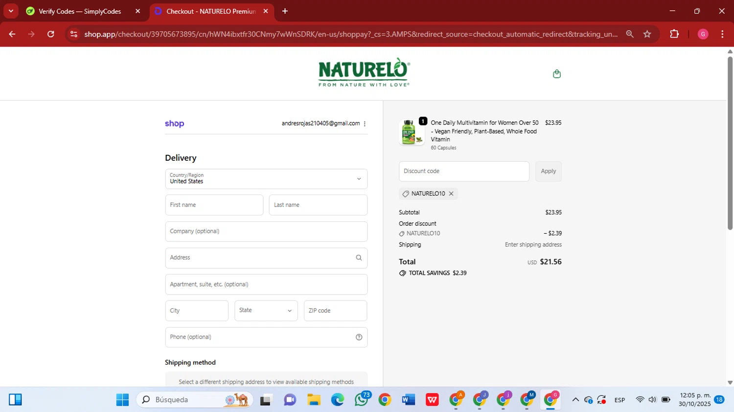 Naturelo discount code screenshot showing code NATURELO10 applied at Naturelo checkout page. Uploaded by SimplyCodes community member GGGilbert on Oct 30, 2025
