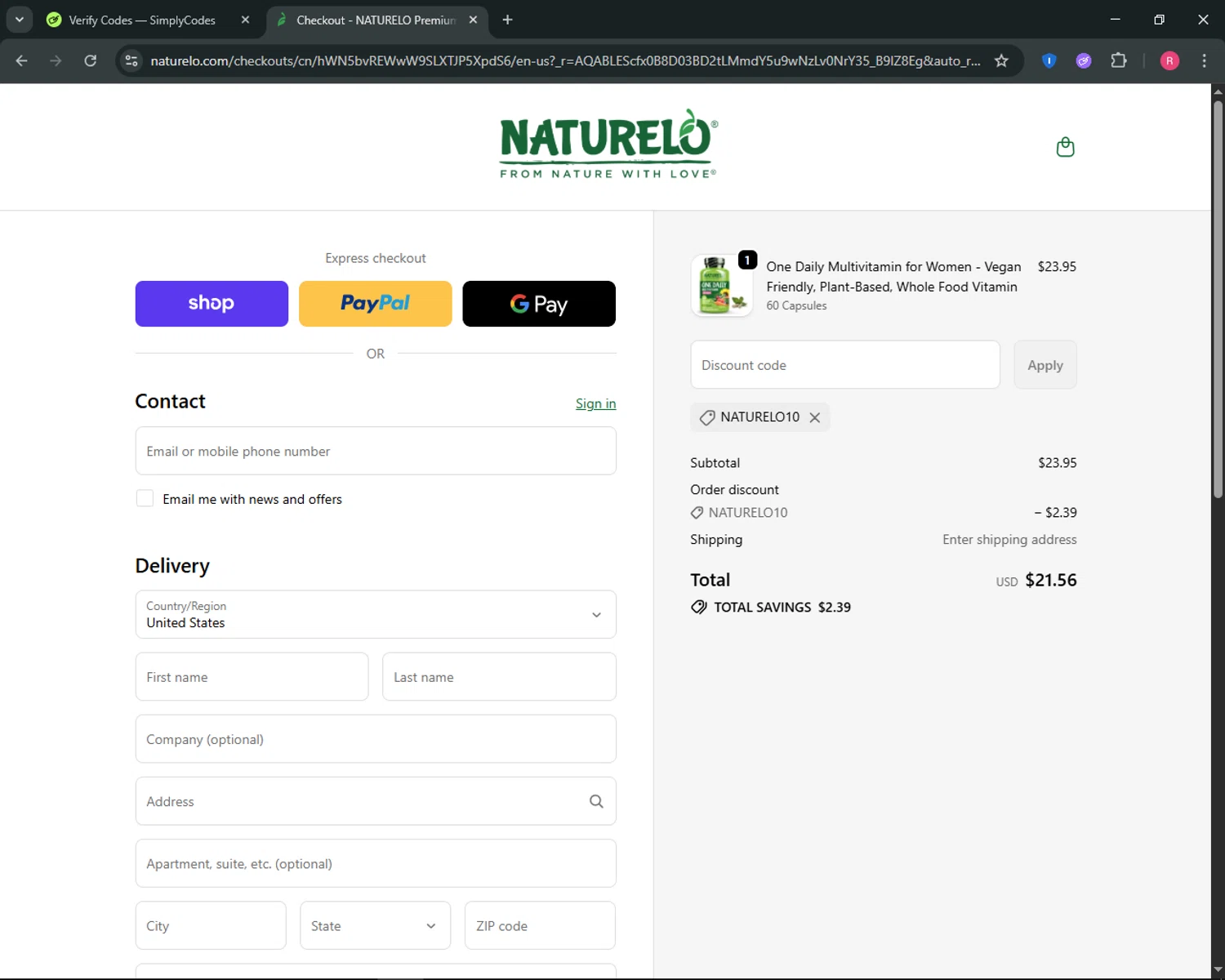 Naturelo discount code screenshot showing code NATURELO10 applied at Naturelo checkout page. Uploaded by SimplyCodes community member ThriftyGuardian8485 on Nov 23, 2025