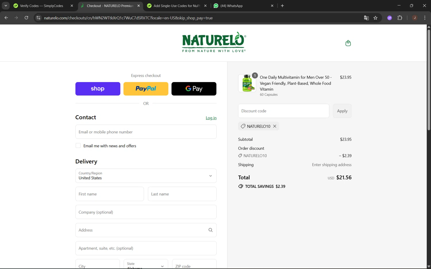 Naturelo discount code screenshot showing code NATURELO10 applied at Naturelo checkout page. Uploaded by SimplyCodes community member juanx1702 on Sep 2, 2025