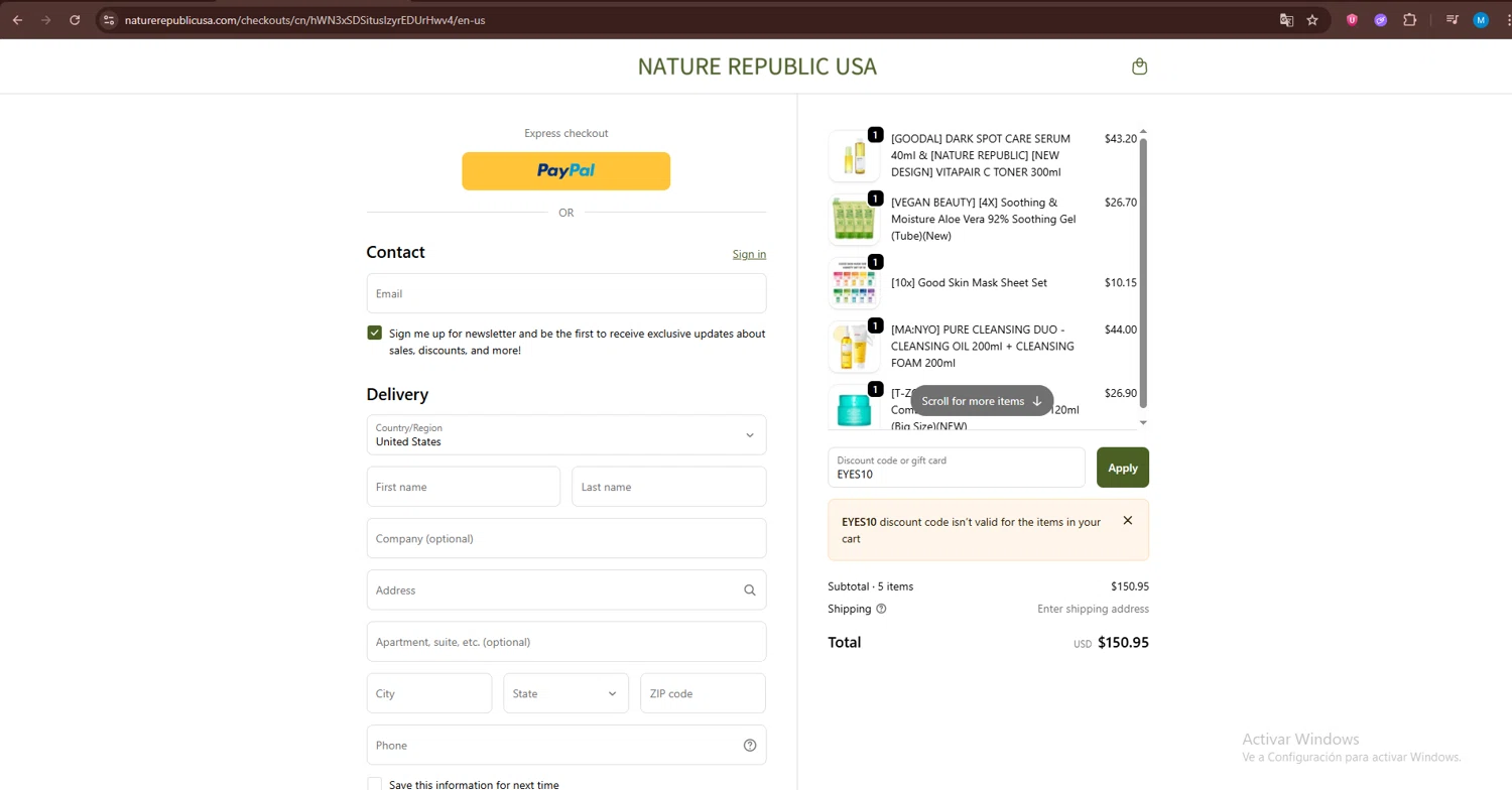 Nature Republic promo code screenshot showing code EYES10 applied at Nature Republic checkout page. Uploaded by SimplyCodes community member GloriousLion3901 on Oct 10, 2025