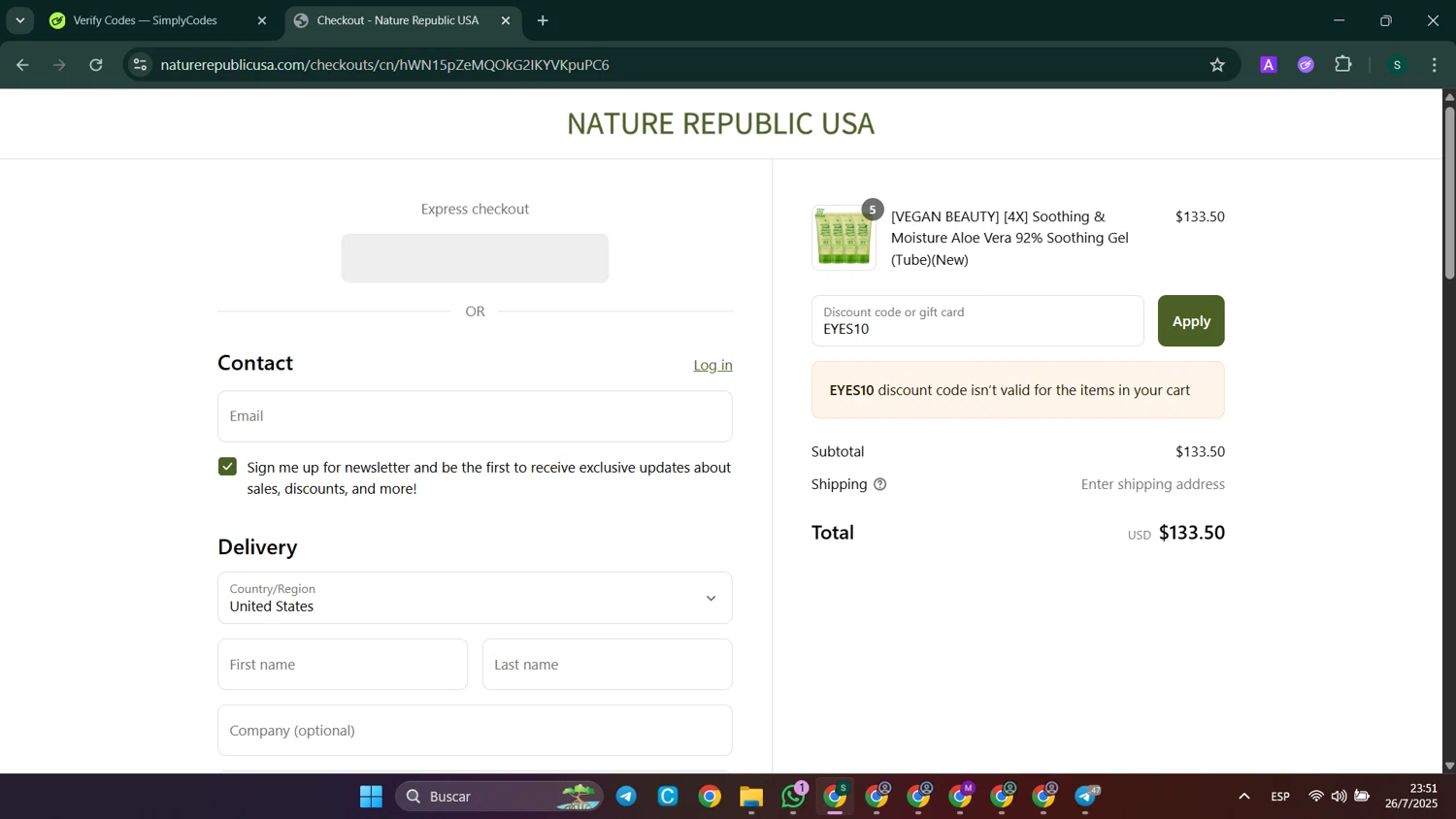 Nature Republic promo code screenshot showing code EYES10 applied at Nature Republic checkout page. Uploaded by SimplyCodes community member SaleHunter9008 on Jul 27, 2025