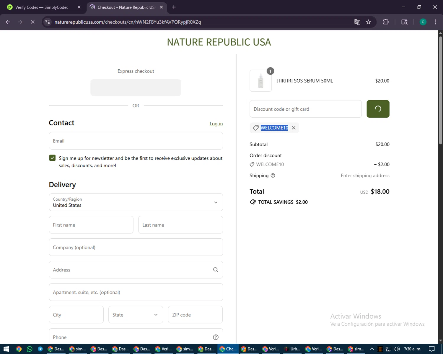 Nature Republic promo code screenshot showing code WELCOME10 applied at Nature Republic checkout page. Uploaded by SimplyCodes community member PennyFinder5759 on Aug 26, 2025