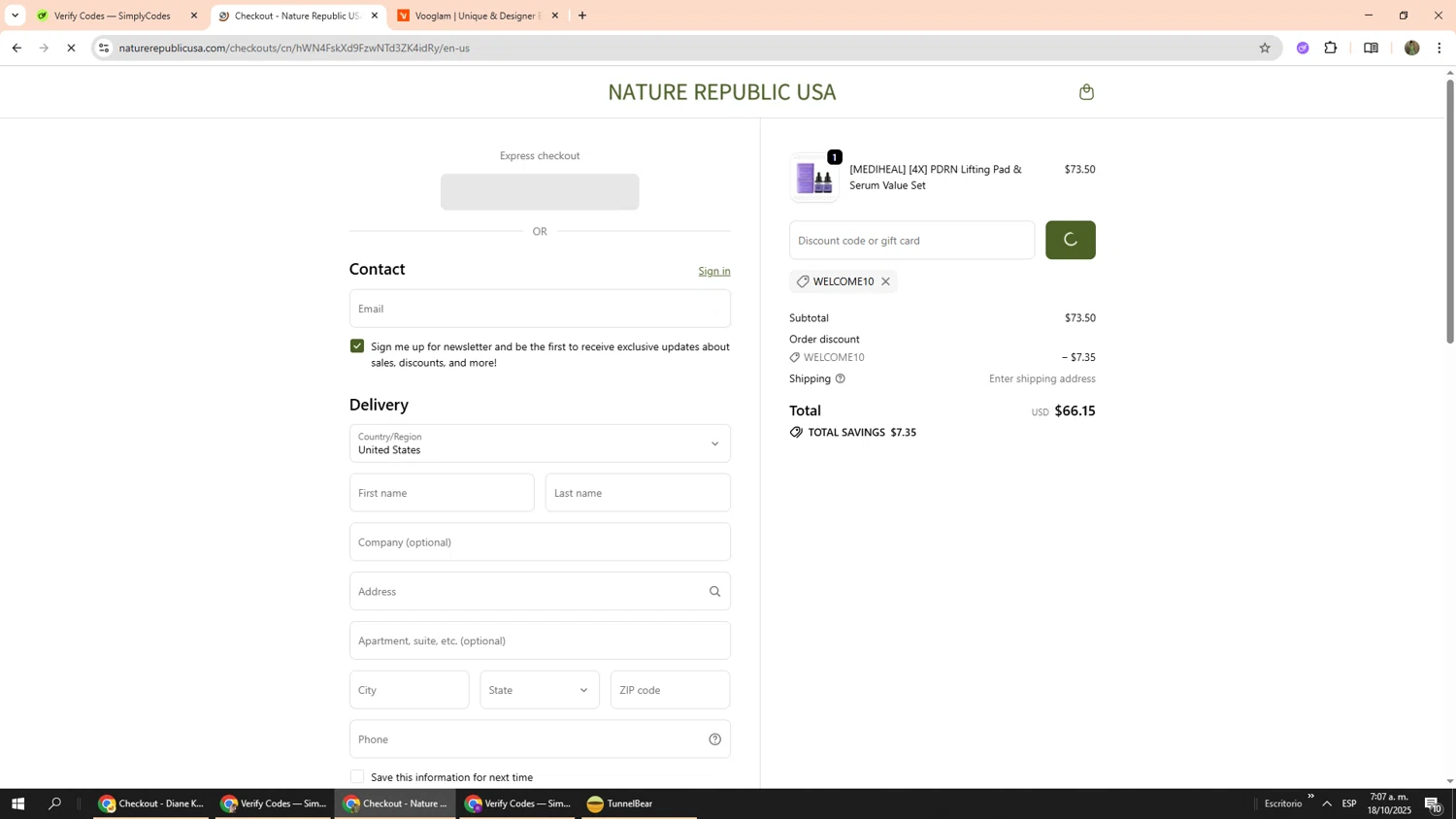 Nature Republic promo code screenshot showing code WELCOME10 applied at Nature Republic checkout page. Uploaded by SimplyCodes community member Phoenix585 on Oct 18, 2025