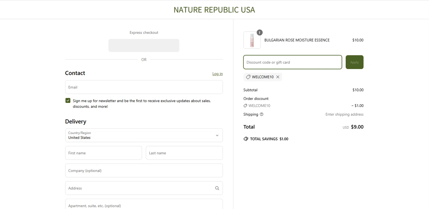 Nature Republic promo code screenshot showing code WELCOME10 applied at Nature Republic checkout page. Uploaded by SimplyCodes community member dimitriv on Apr 18, 2025