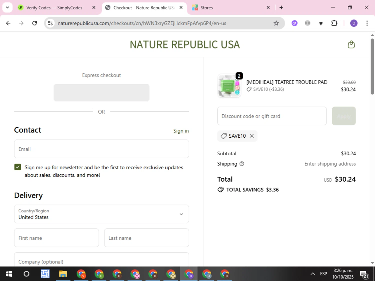 Nature Republic promo code screenshot showing code SAVE10 applied at Nature Republic checkout page. Uploaded by SimplyCodes community member CleverLynx8245 on Oct 10, 2025