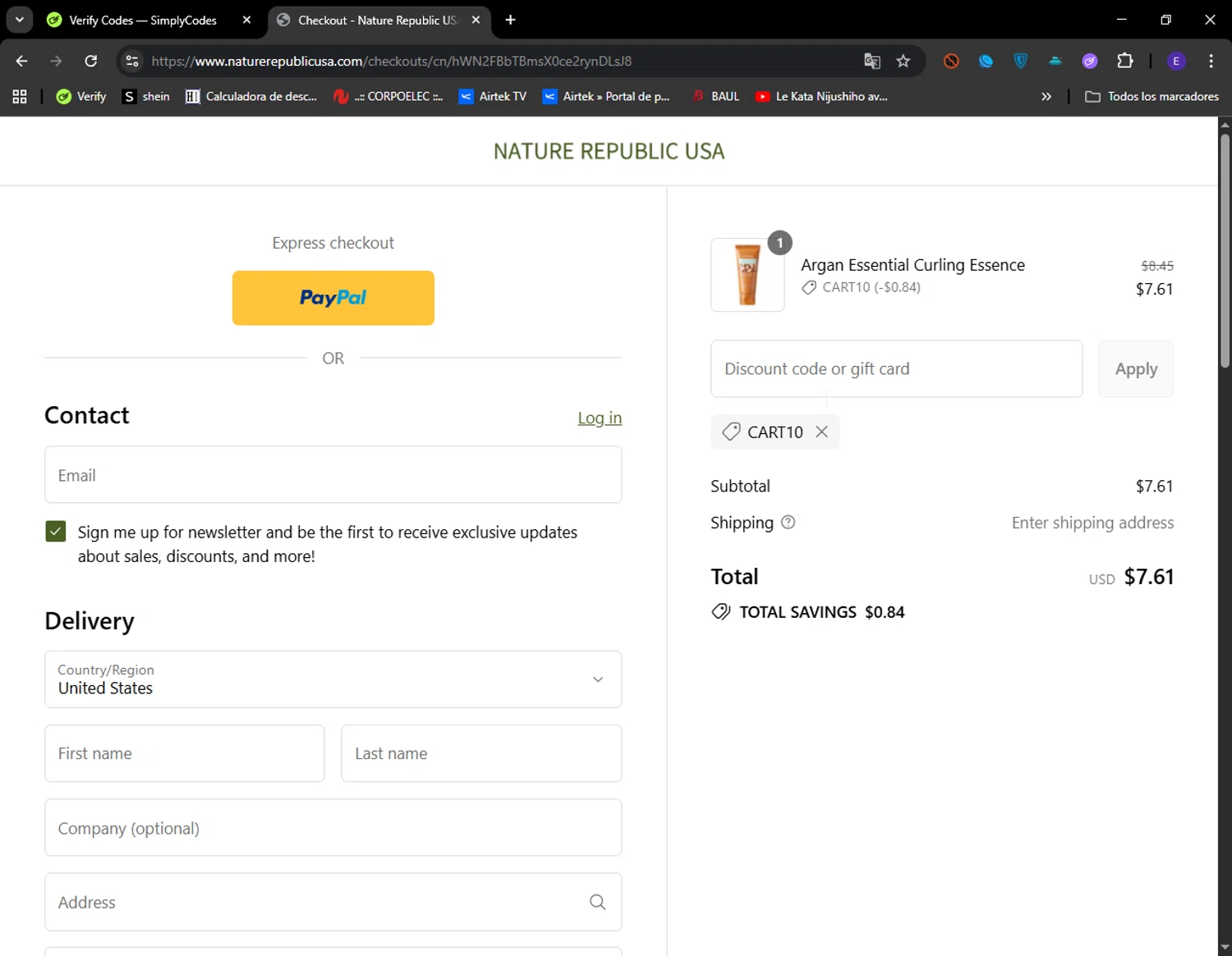 Nature Republic promo code screenshot showing code CART10 applied at Nature Republic checkout page. Uploaded by SimplyCodes community member LuckyFinder274 on Aug 26, 2025