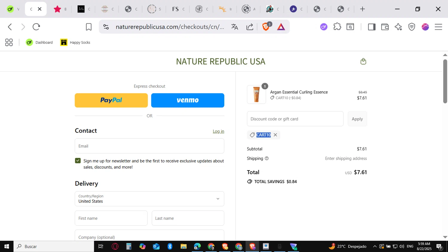 Nature Republic promo code screenshot showing code CART10 applied at Nature Republic checkout page. Uploaded by SimplyCodes community member SavingsVirtuoso1883 on Aug 22, 2025