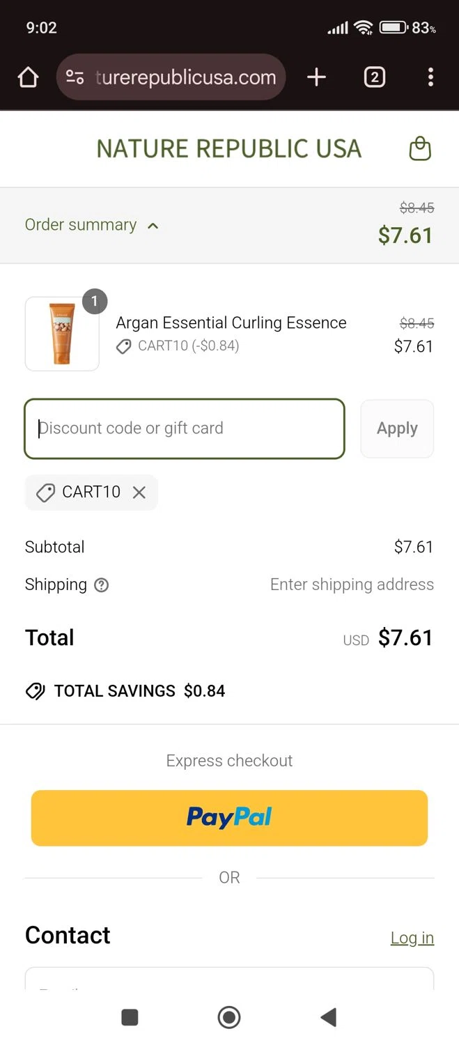Nature Republic promo code screenshot showing code CART10 applied at Nature Republic checkout page. Uploaded by SimplyCodes community member carlacabrera1 on Apr 2, 2025