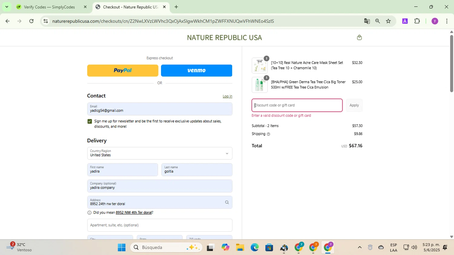 Nature Republic promo code screenshot showing code 10+10 applied at Nature Republic checkout page. Uploaded by SimplyCodes community member yadicg054 on Jun 5, 2025