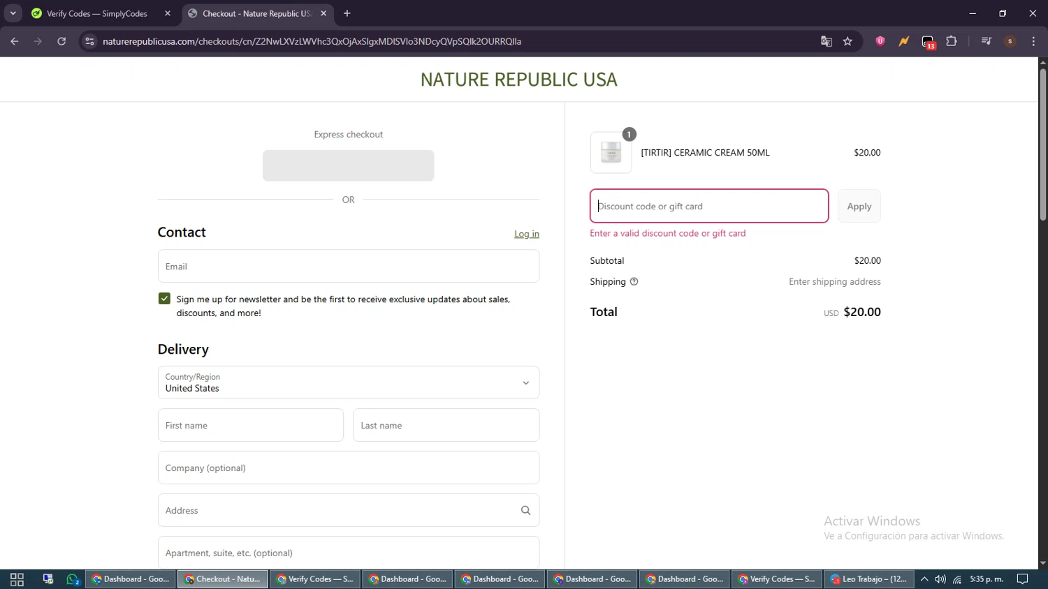 Nature Republic promo code screenshot showing code 10+10 applied at Nature Republic checkout page. Uploaded by SimplyCodes community member GoldSentinel1426 on Jun 5, 2025