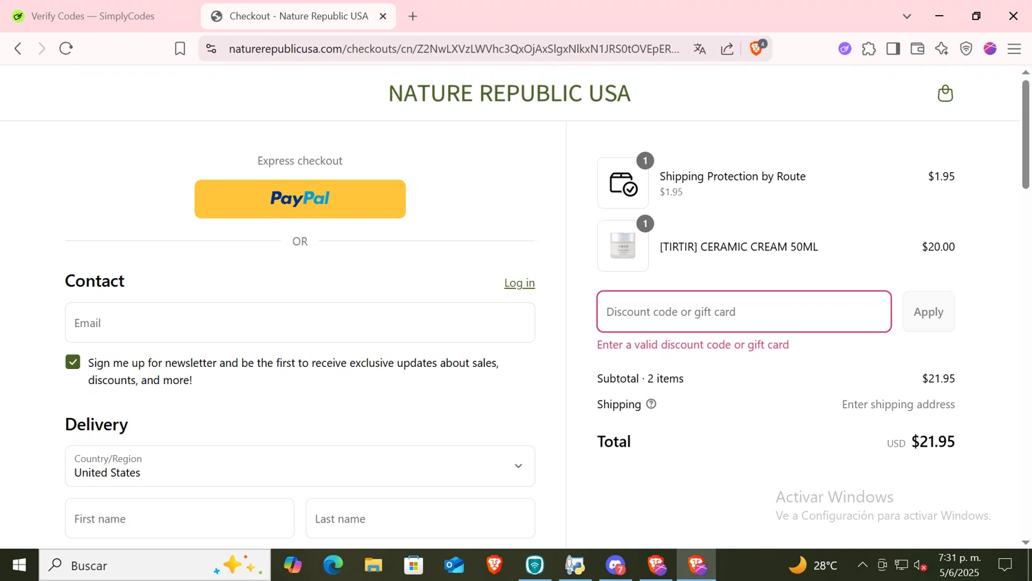 Nature Republic promo code screenshot showing code 10+10 applied at Nature Republic checkout page. Uploaded by SimplyCodes community member CODMOBILE2 on Jun 5, 2025
