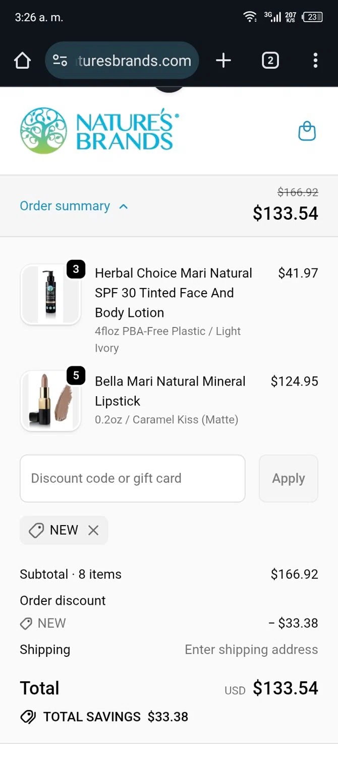Nature's Brands promo code screenshot showing code NEW applied at Nature's Brands checkout page. Uploaded by SimplyCodes community member Rafita on Nov 24, 2025