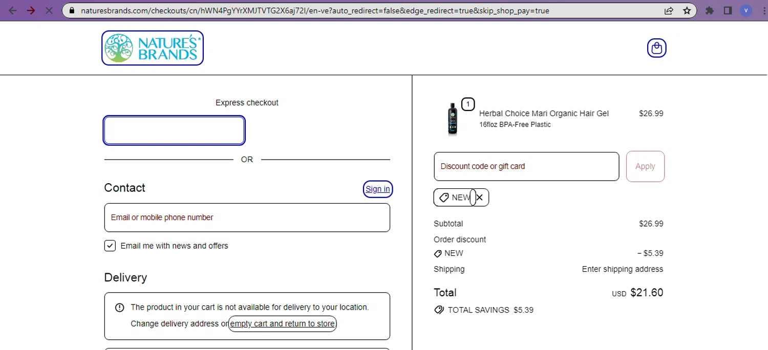 Nature's Brands promo code screenshot showing code NEW applied at Nature's Brands checkout page. Uploaded by SimplyCodes community member beatrizcastillo on Oct 22, 2025