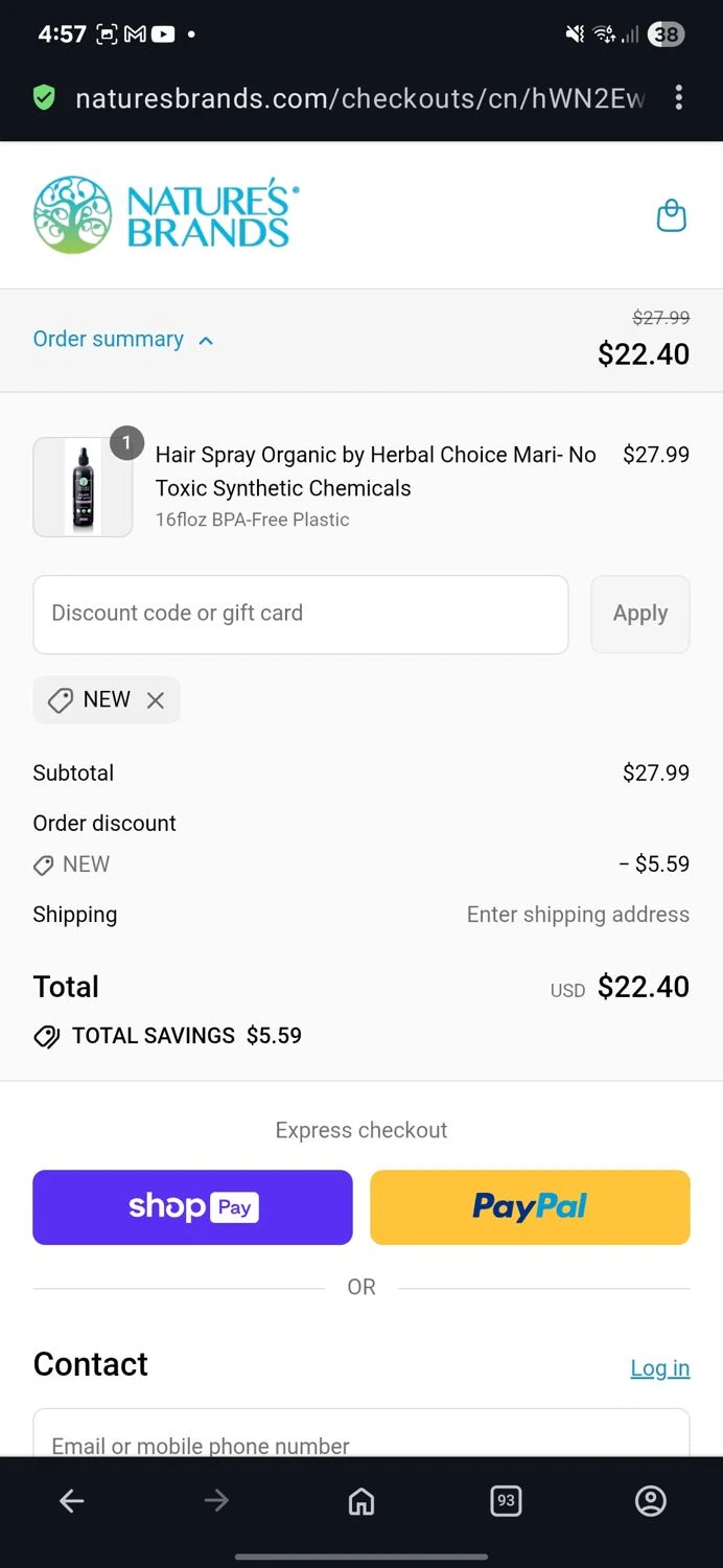 Nature's Brands promo code screenshot showing code NEW applied at Nature's Brands checkout page. Uploaded by SimplyCodes community member guest_623525963 on Aug 26, 2025