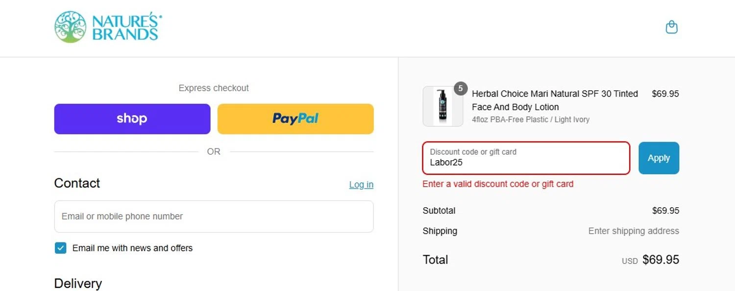 Nature's Brands promo code screenshot showing code Labor25 applied at Nature's Brands checkout page. Uploaded by SimplyCodes community member victorchacon on Sep 3, 2025
