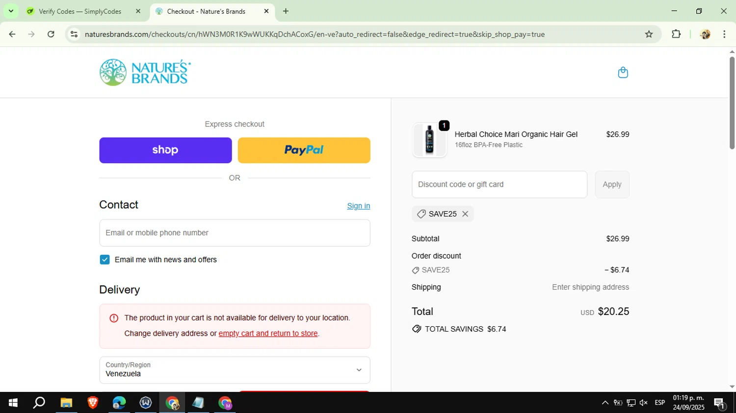 Nature's Brands promo code screenshot showing code SAVE25 applied at Nature's Brands checkout page. Uploaded by SimplyCodes community member CashExpert3657 on Sep 24, 2025