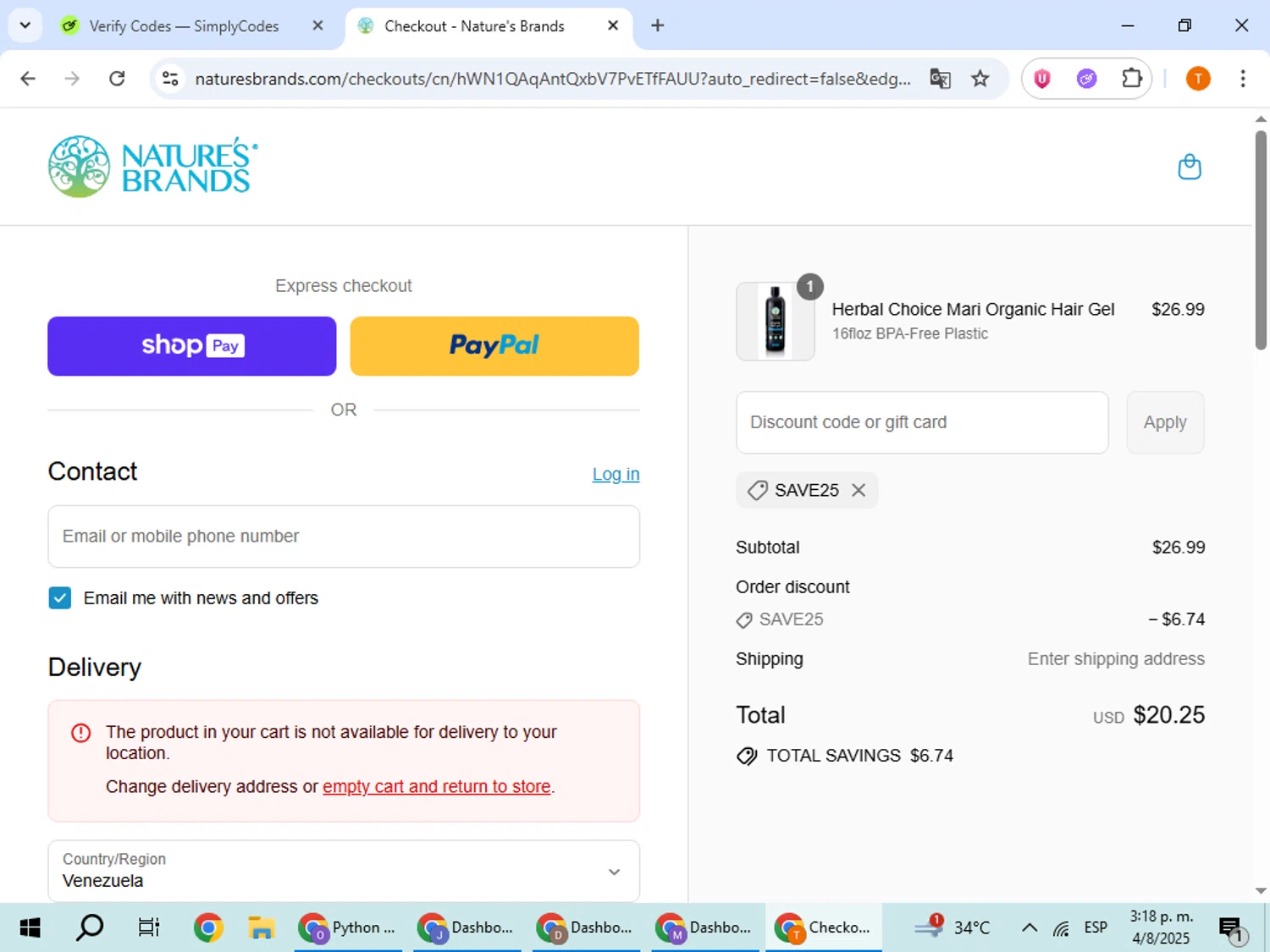 Nature's Brands promo code screenshot showing code SAVE25 applied at Nature's Brands checkout page. Uploaded by SimplyCodes community member EpicHero3141 on Aug 4, 2025