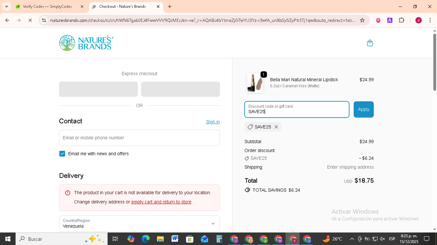 Nature's Brands promo code screenshot showing code SAVE25 applied at Nature's Brands checkout page. Uploaded by SimplyCodes community member FrugalMonarch7277 on Dec 16, 2025