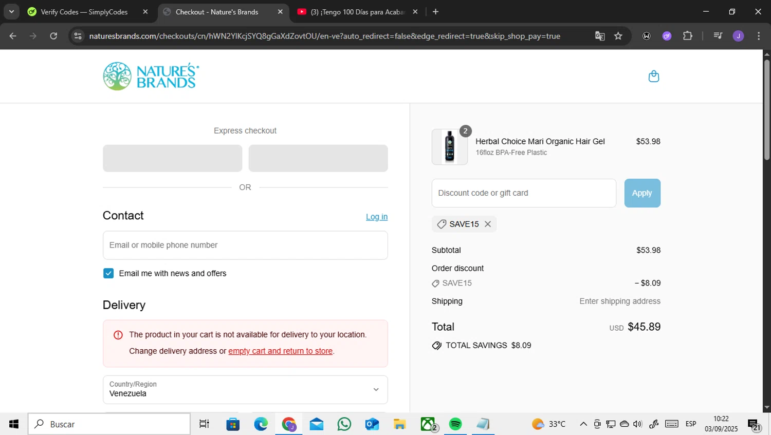Nature's Brands promo code screenshot showing code SAVE15 applied at Nature's Brands checkout page. Uploaded by SimplyCodes community member ENCARAMESSI on Sep 3, 2025
