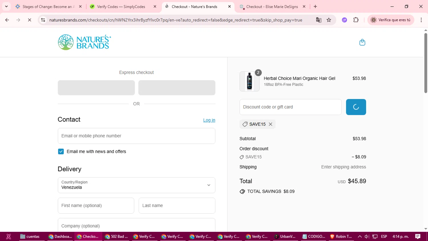 Nature's Brands promo code screenshot showing code SAVE15 applied at Nature's Brands checkout page. Uploaded by SimplyCodes community member xcvcxvsave on Sep 3, 2025