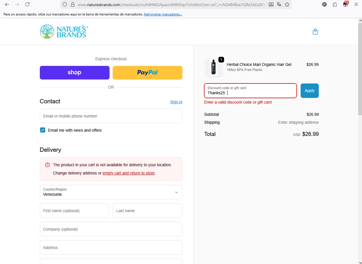 Nature's Brands promo code screenshot showing code Thanks25 applied at Nature's Brands checkout page. Uploaded by SimplyCodes community member CleverFox1674 on Dec 10, 2025