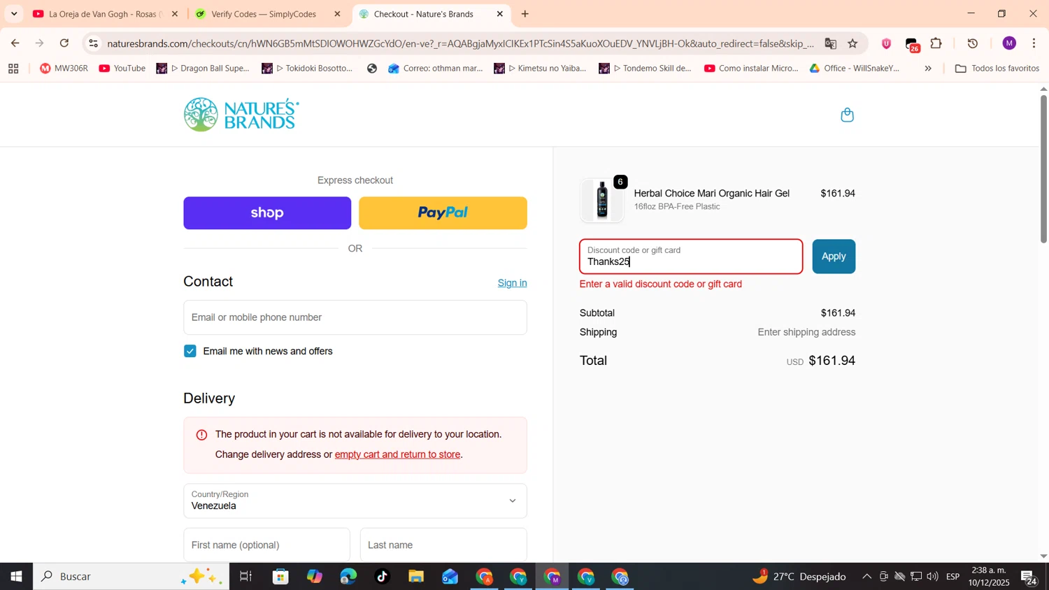 Nature's Brands promo code screenshot showing code Thanks25 applied at Nature's Brands checkout page. Uploaded by SimplyCodes community member cod_gakpo on Dec 10, 2025