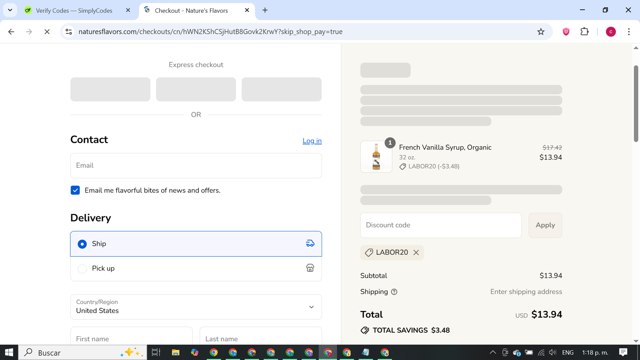 Nature's Flavors checkout page showing Nature's Flavors coupon code box | Screenshot taken by SimplyCodes community member on Aug 28, 2025