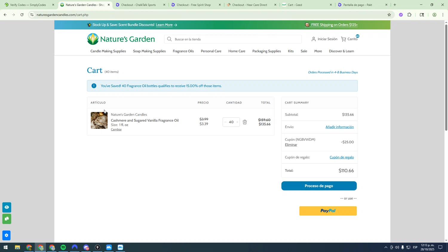 Natures Garden Candle Supply checkout page showing Natures Garden Candle Supply coupon code box | Screenshot taken by SimplyCodes community member on Oct 28, 2025