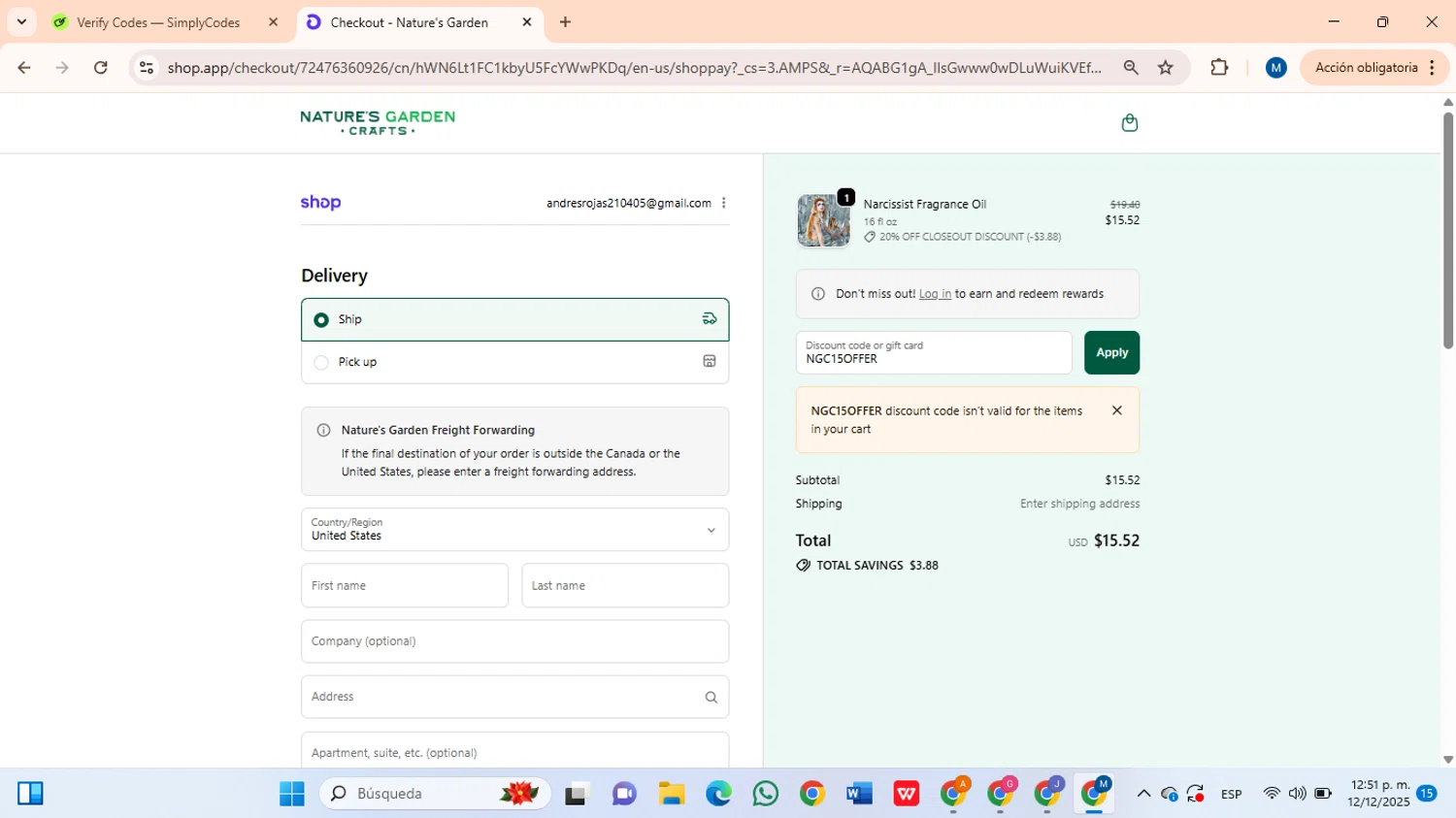 Natures Garden Candle Supply coupon code screenshot showing code NGC15OFFER applied at Natures Garden Candle Supply checkout page. Uploaded by SimplyCodes community member BrilliantLion8135 on Dec 12, 2025