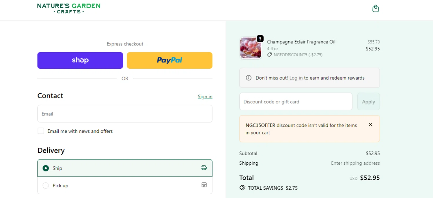 Natures Garden Candle Supply checkout page showing Natures Garden Candle Supply coupon code box | Screenshot taken by SimplyCodes community member on Jan 25, 2026